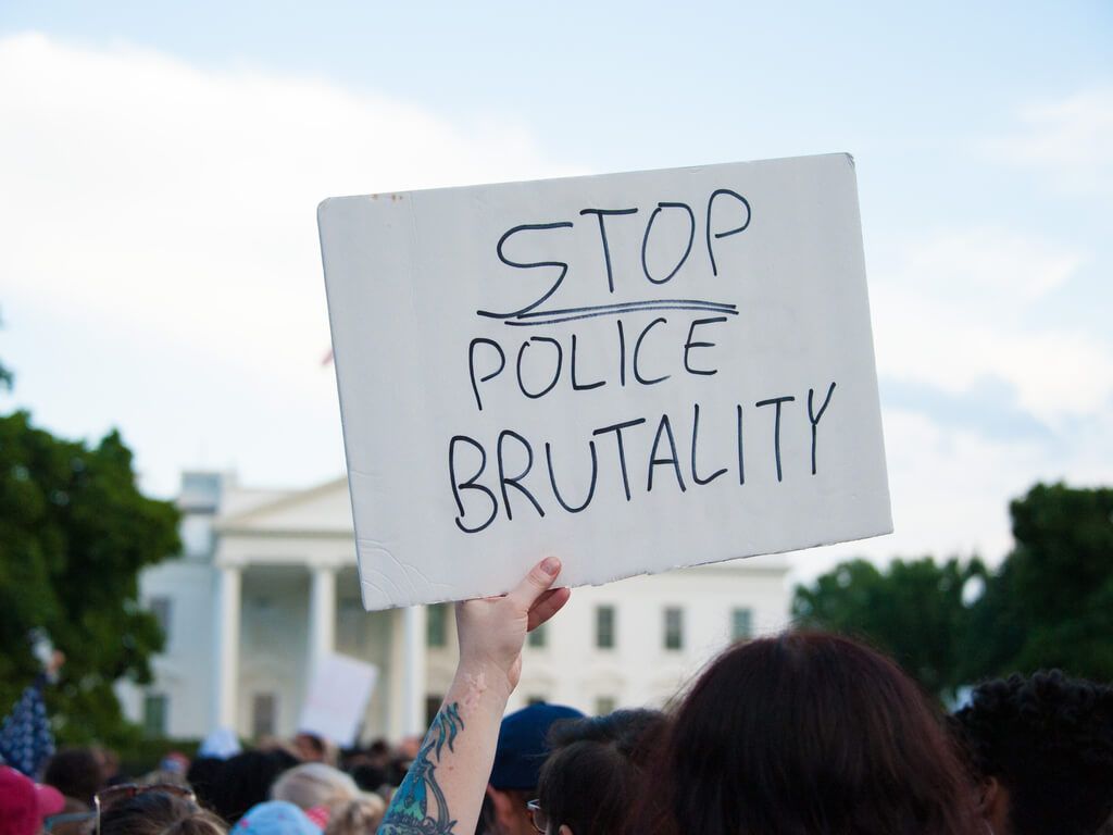 person holding a stop police brutality sign in front of the white house